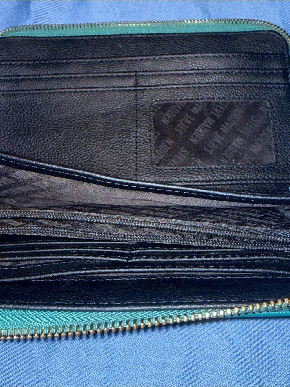 Steve Madden Black Leather Mini Pouch with Teal Strap and Green Wallet